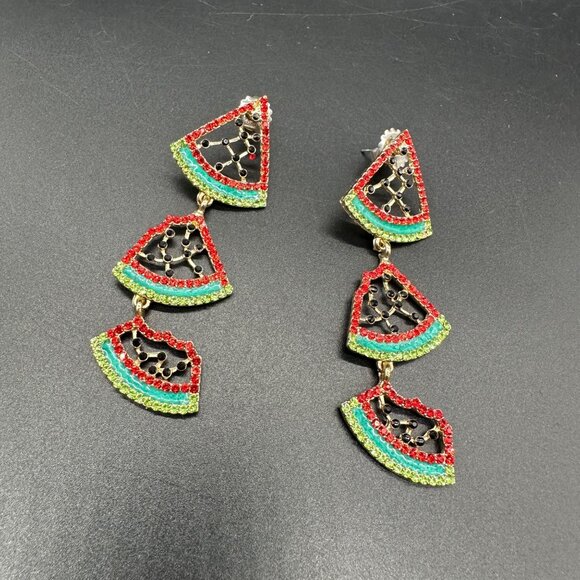 Watermelon Slice Dangly Earrings Summer Fruit Jewelry Red Green Rhinestones - Picture 1 of 6